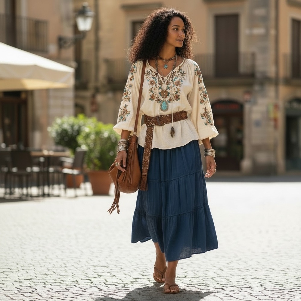 Anthro Style Blue Tiered Midi Skirt Boho Flowy Elastic Waist M
